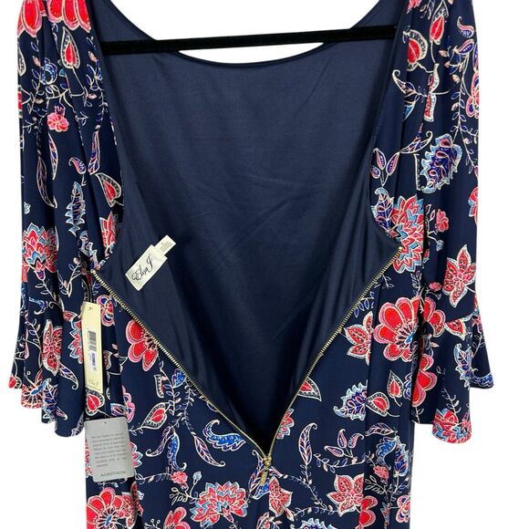 NEW Eliza J Navy Pink Floral 3/4 Bell Sleeve Exposed Zipper Knit Shift Dress 18 - Picture 8 of 10